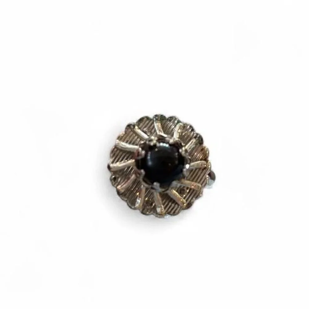 Vintage Sarah‎ Coventry Silver Black Round Flower Medallion Adjustable Band Ring